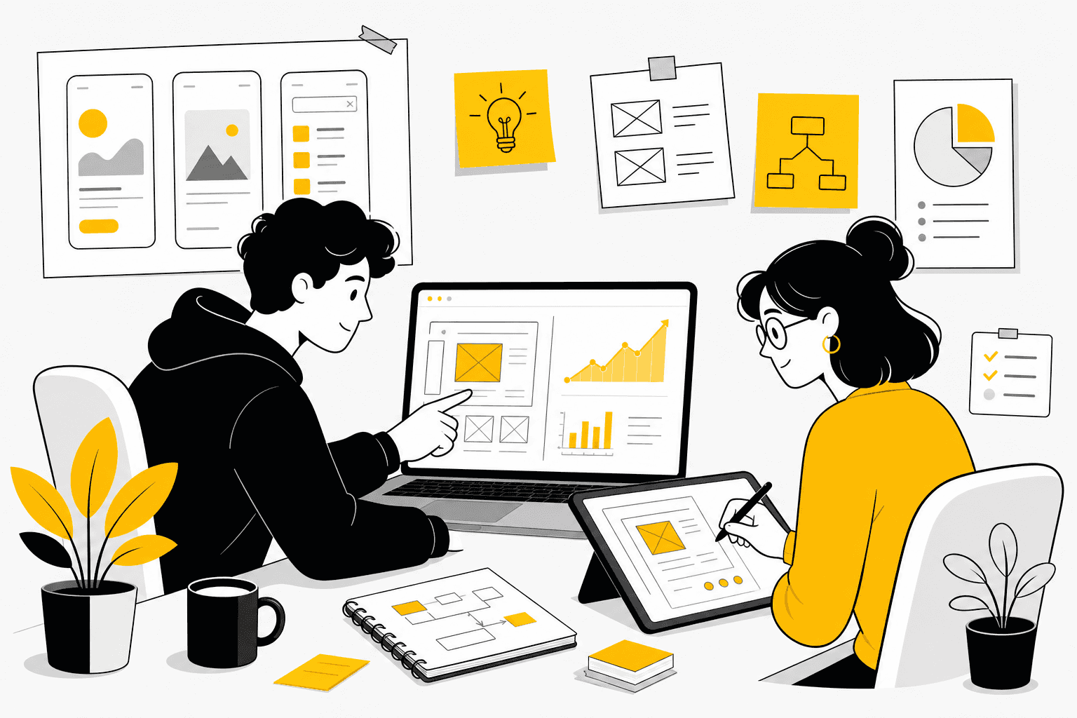 Two founders collaborating at a desk, turning an early product idea into a working app